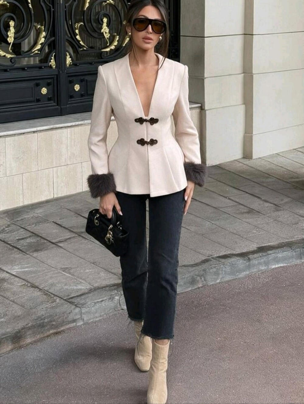 Women's Elegant Jacket With Frog Button Placket And Faux Fur Cuffs - Picture 2 of 8